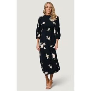 Baltic Born Karalie Maxi Dress Navy Floral Puff Sleeve Smocked Back Size Small